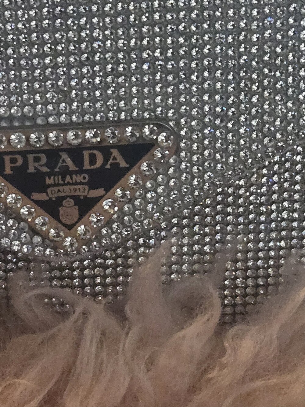 Silver Crystal Embellished Clutch with Pink Shearling Trim